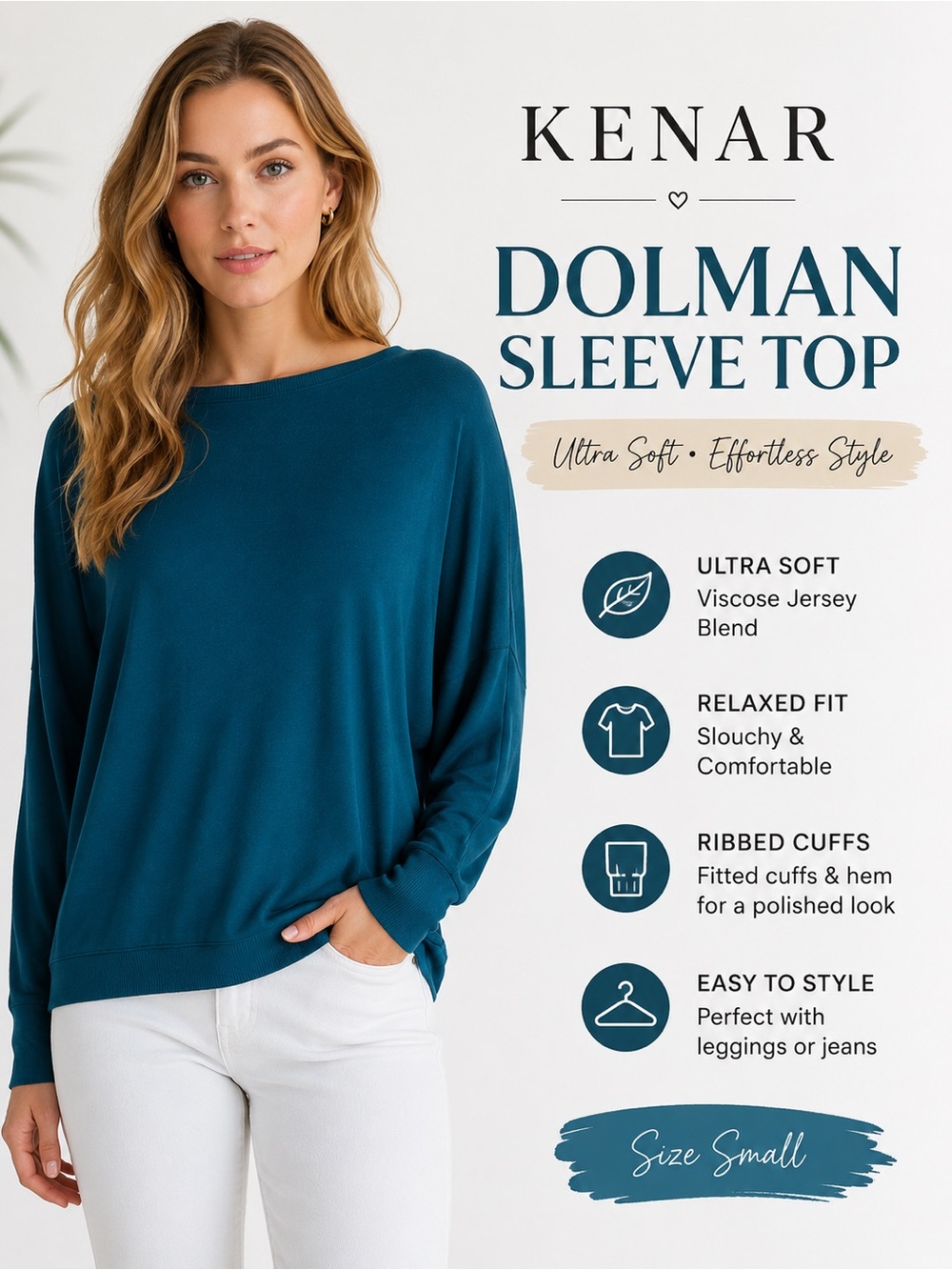 Kenar Teal Blue Dolman Sleeve Top Size Small | Viscose Jersey Ribbed Cuff